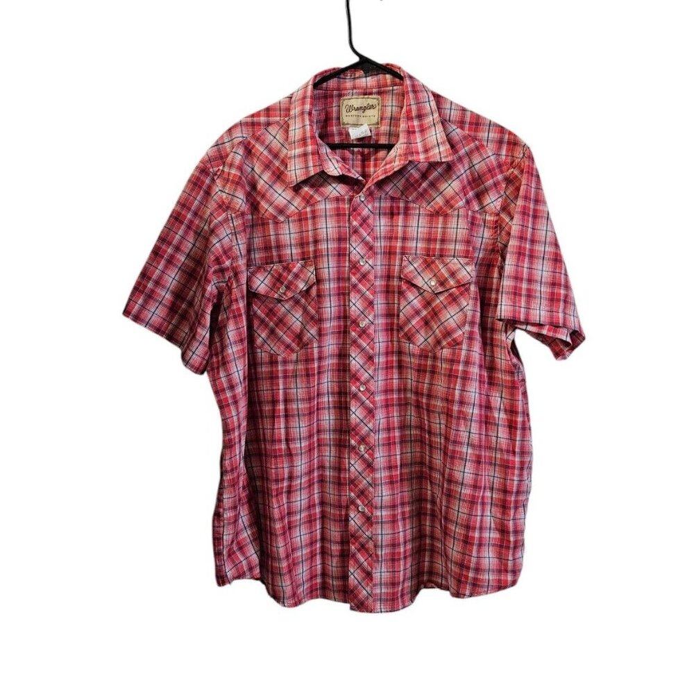 Wrangler Wrancher Men's Shirt 2XL Red Plaid Button Up Western Pearl Snap